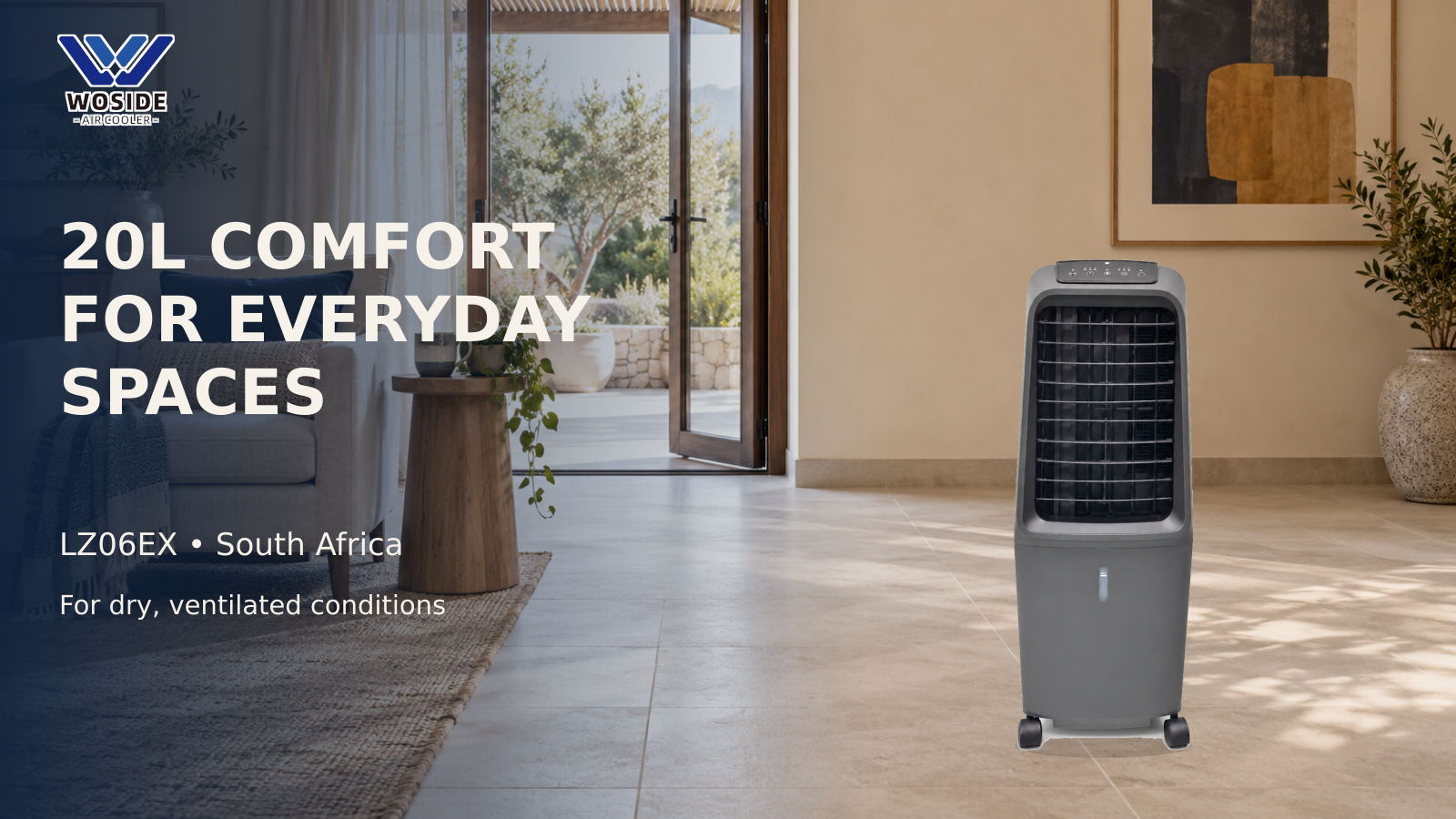 WOSIDE A301 inverter floor fan for South African workshops beside a repair workstation