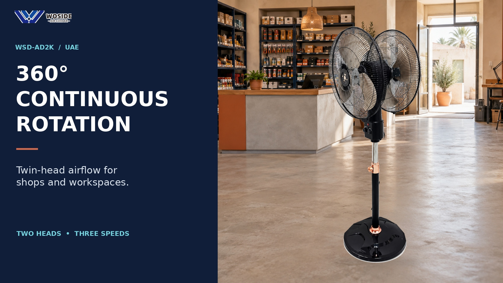 WOSIDE WSD-AD2K twin-head pedestal fan shown in a shop setting.