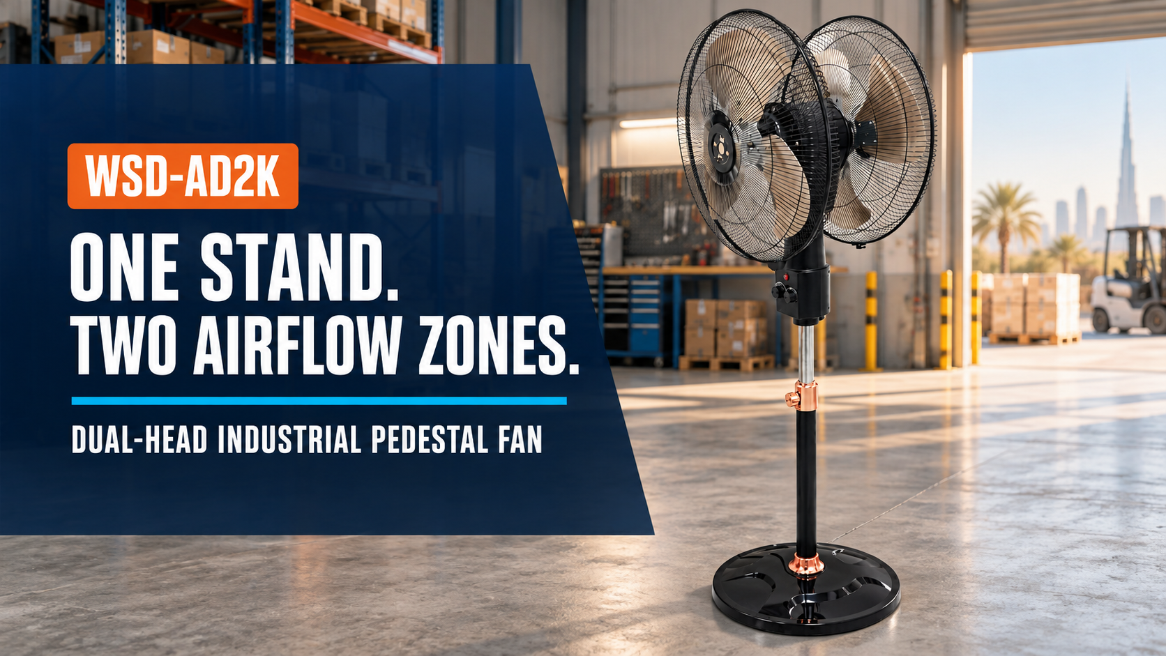 WOSIDE WSD-AD2K dual-head industrial pedestal fan for UAE workshops