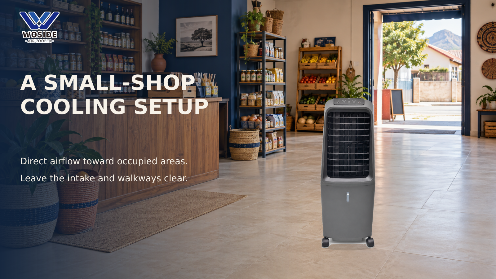 WOSIDE A301 industrial fan shown in floor and wall-mounted configurations