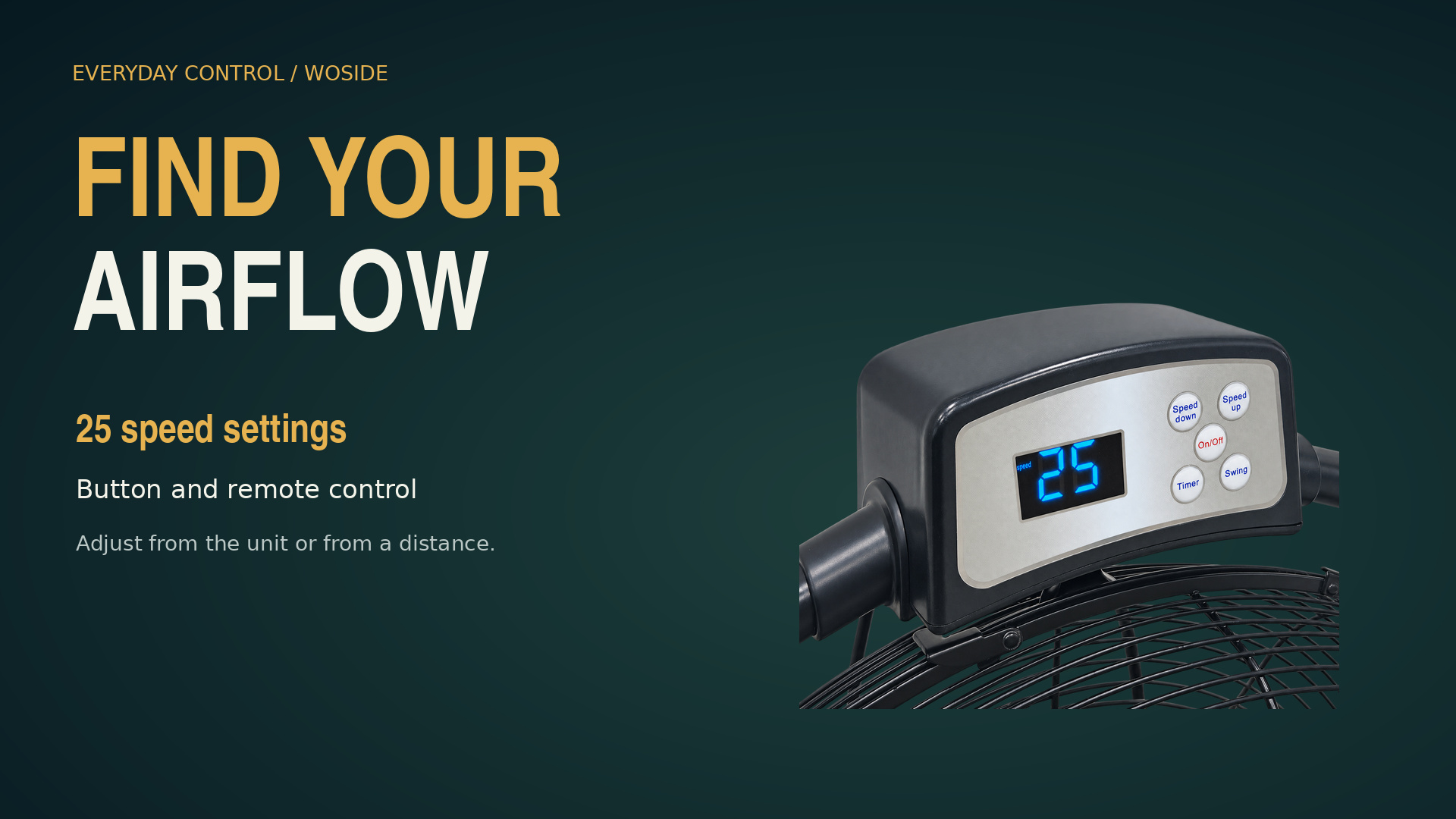 Button controls and remote control for the WOSIDE floor fan with 25 speed settings