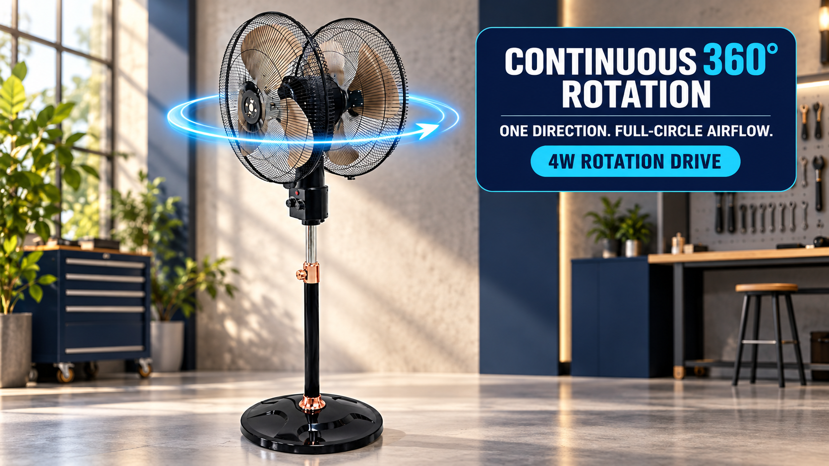 WSD-AD2K continuous 360-degree rotating industrial fan in a central work area