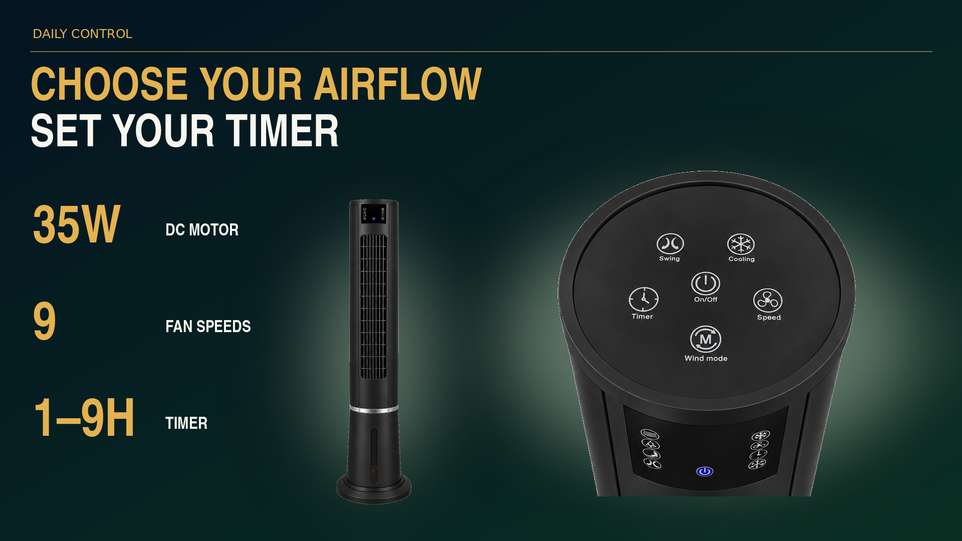 5L tower air cooler and control panel with 35W power, nine fan speeds and a 1–9-hour timer.