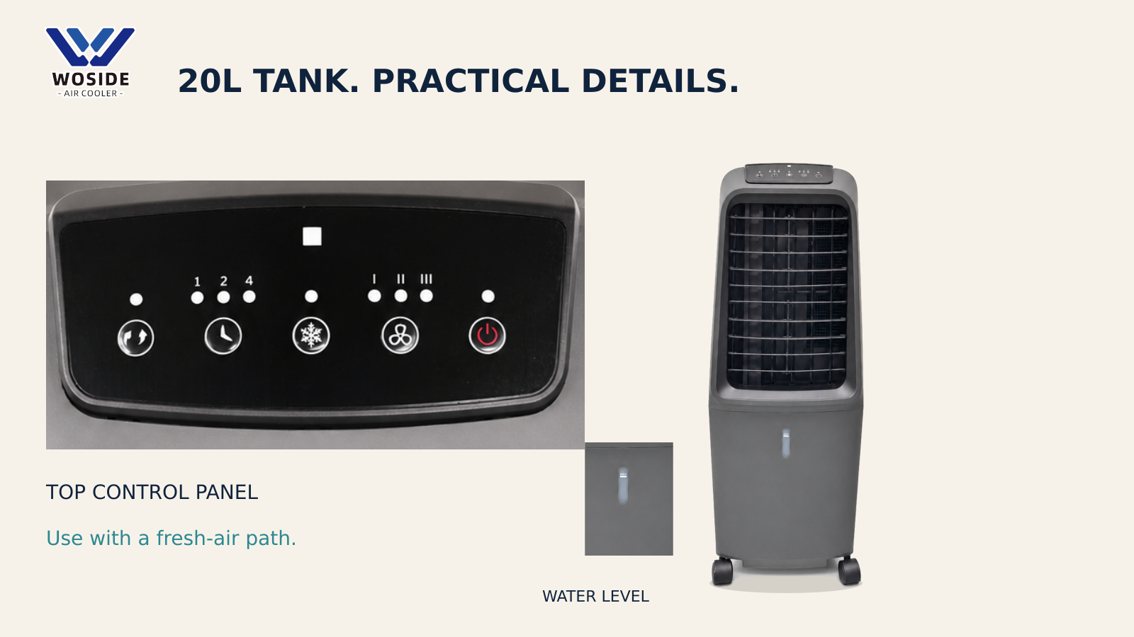Front and rear views of the WOSIDE LZ06EX 20L air cooler with information on ventilation and OEM options.