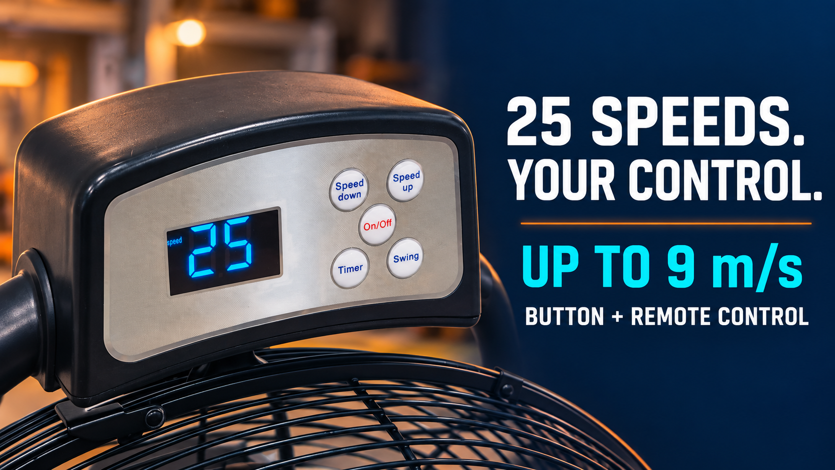 WOSIDE A301 fan controls with 25 speed settings and adjustable airflow direction