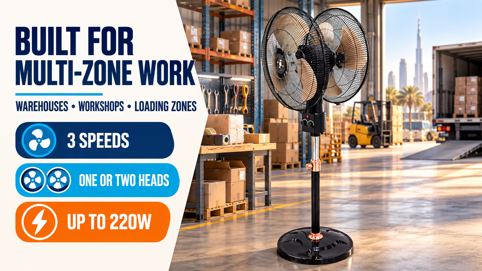WSD-AD2K dual motor pedestal fan for UAE warehouses and workshops