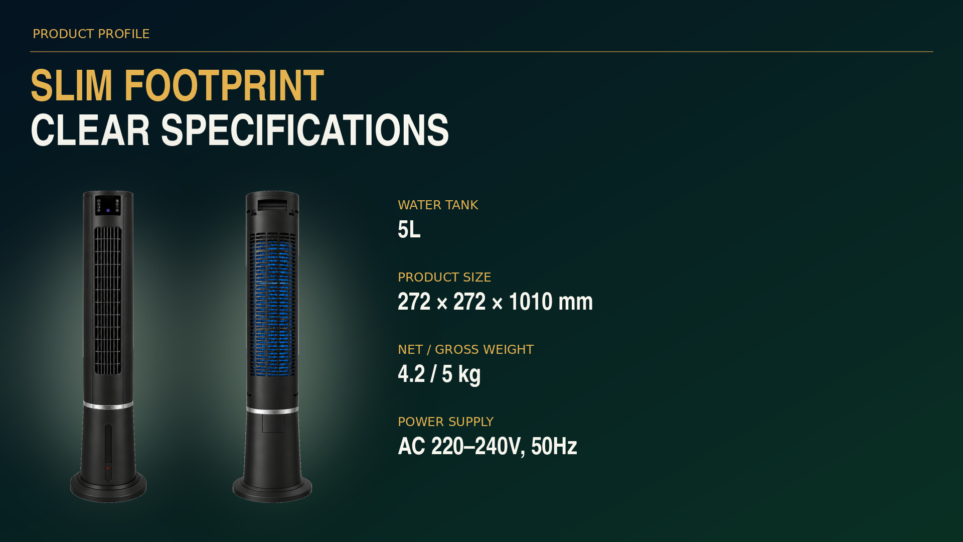 Front and rear views of the 5L tower air cooler with product dimensions and specifications.