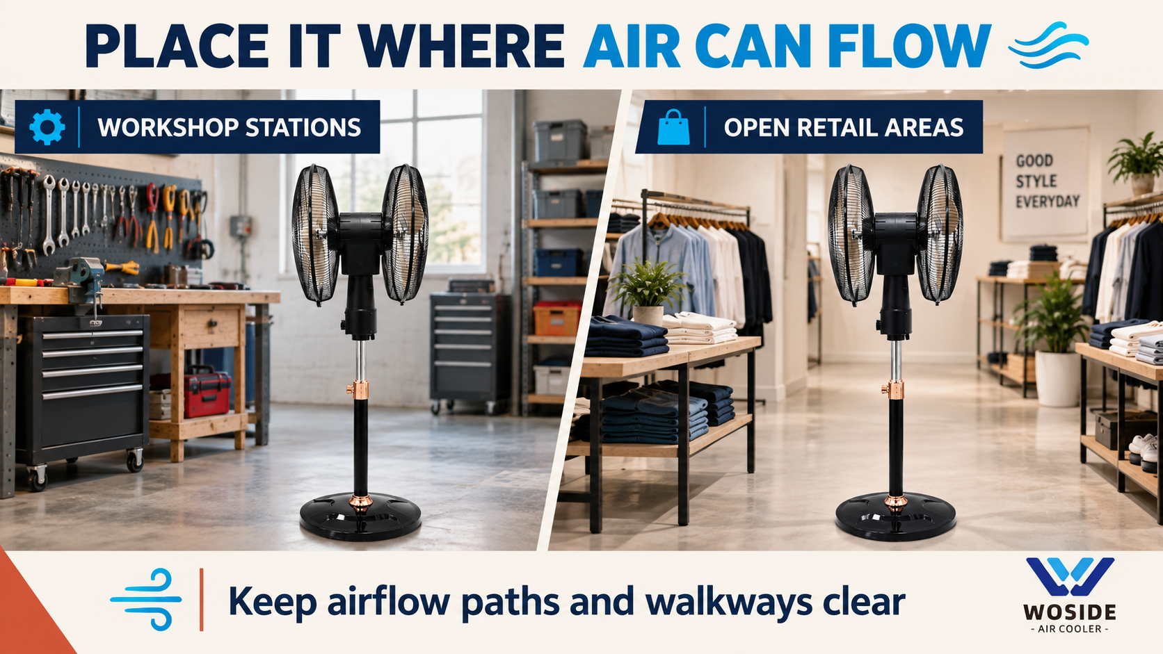 Placement examples for a dual head pedestal fan near workshop stations and an open retail area.