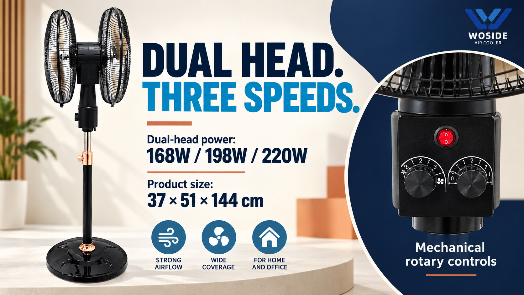 WSD-AD2K dual head pedestal fan showing rotary controls, dimensions and three dual-head power settings.
