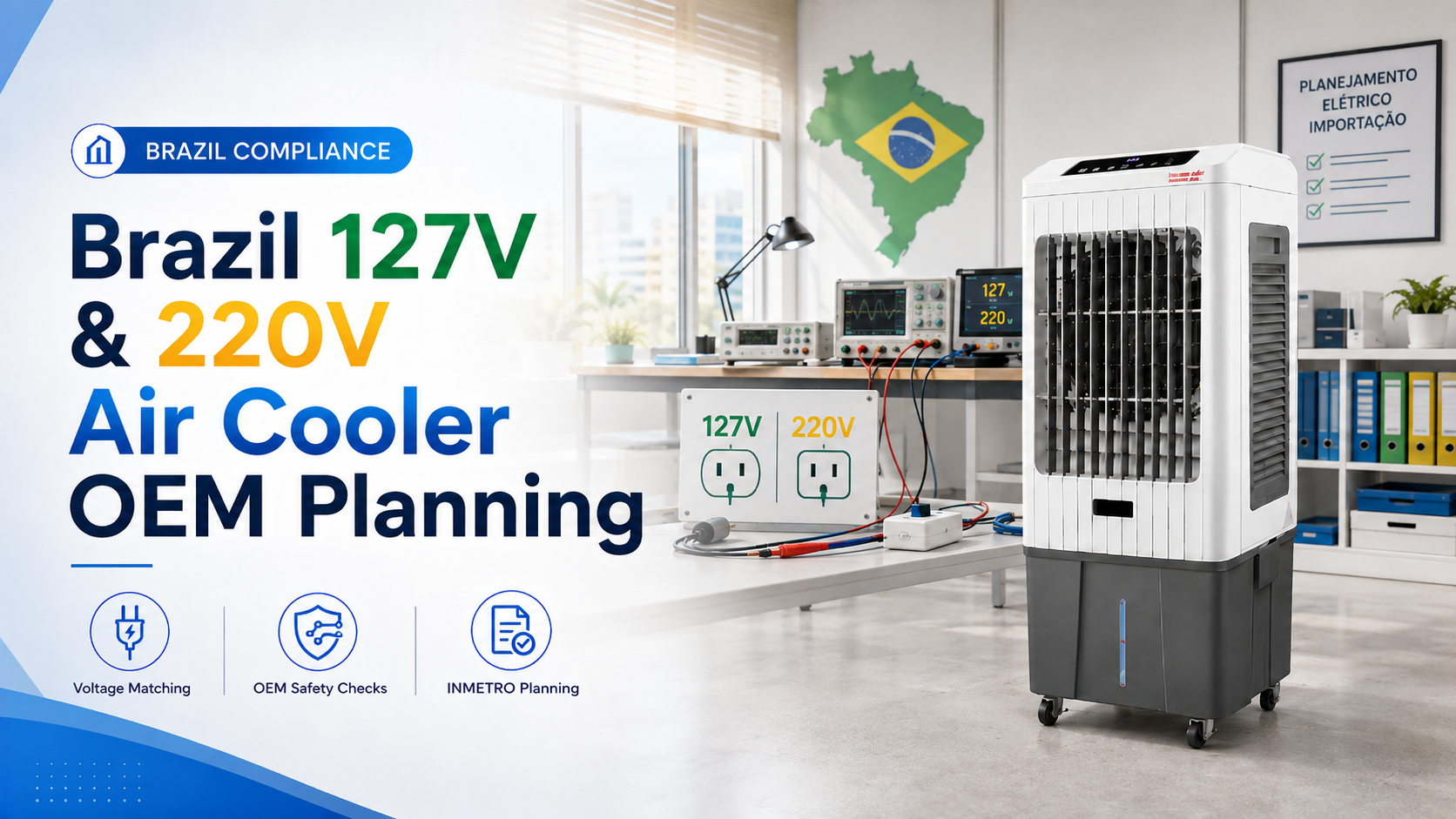 Brazil 127V and 220V air cooler OEM electrical and INMETRO planning