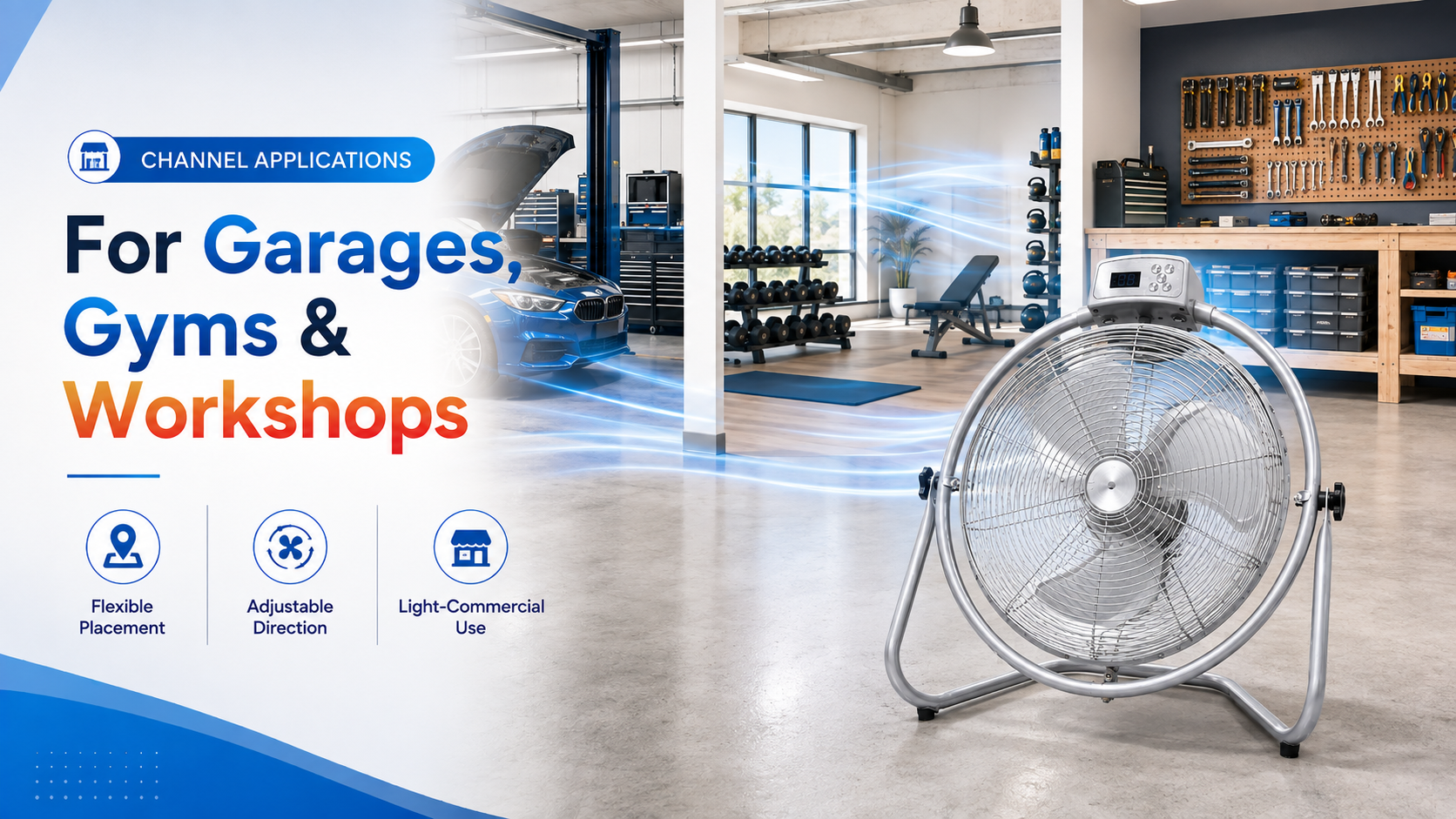 U.S. commercial floor fan applications in garages gyms and workshops