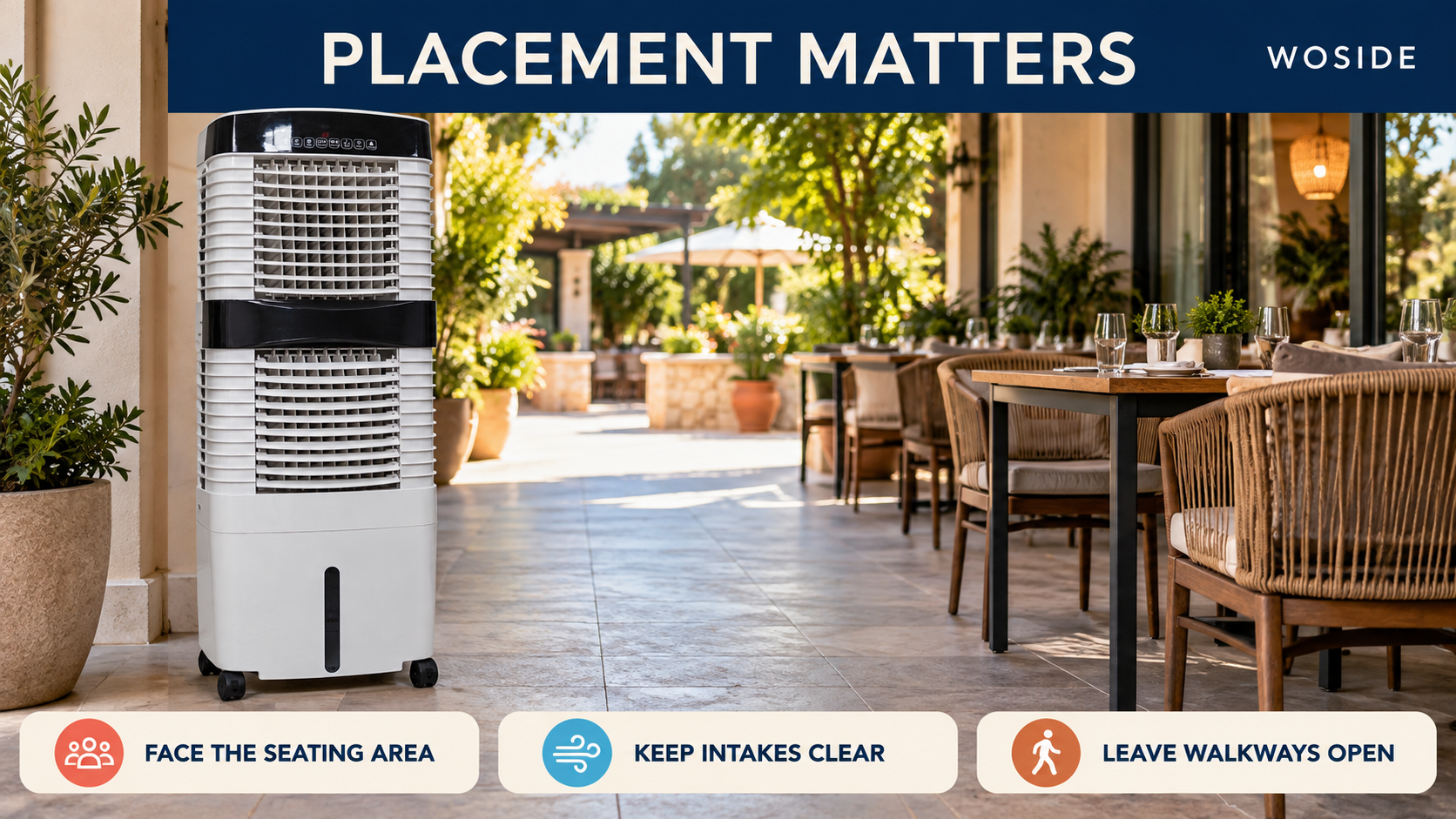 WOSIDE LZ40EX air cooler beside restaurant terrace seating with an open central walkway