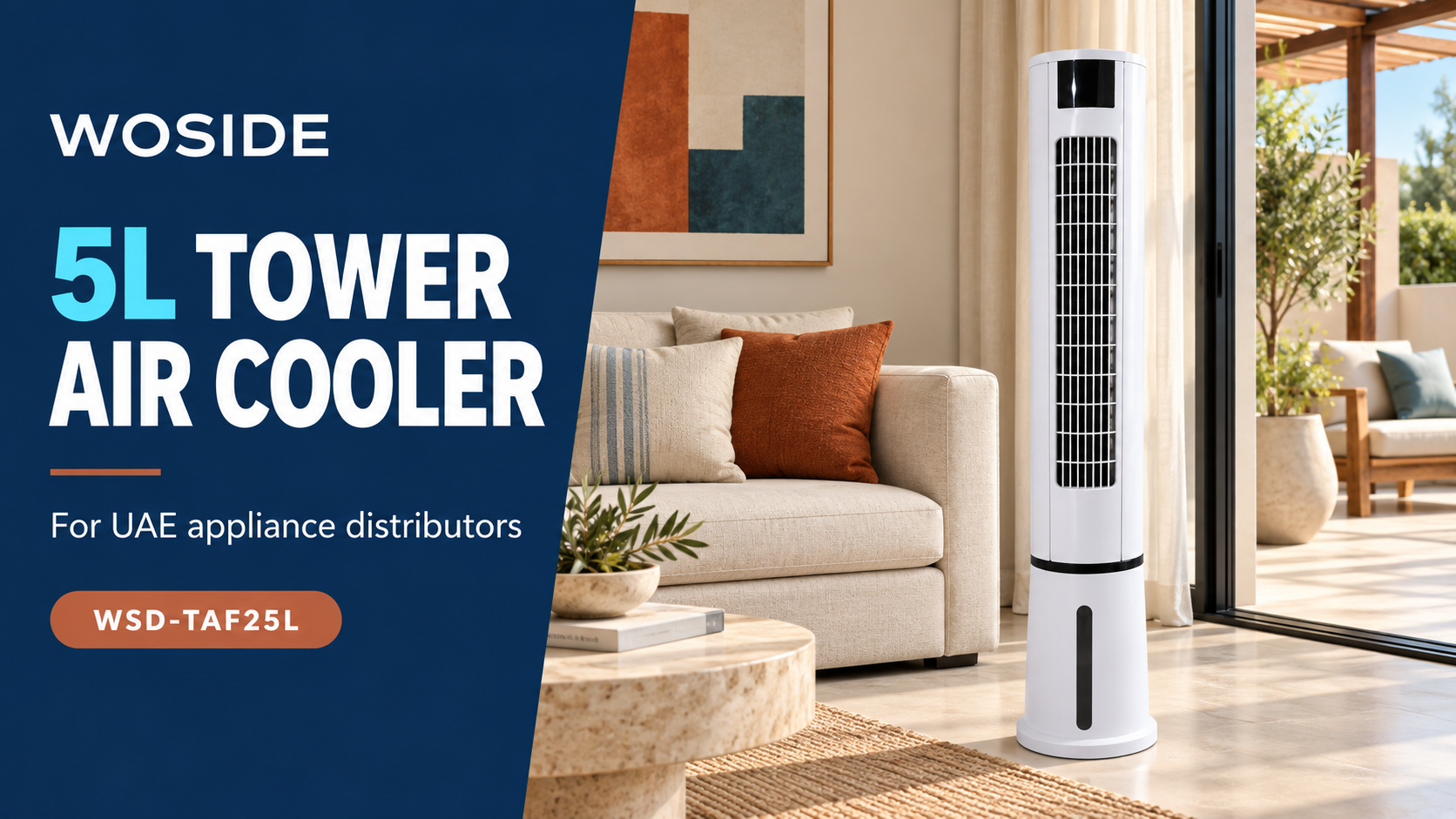 WOSIDE WSD-TAF25L 5L tower air cooler beside a sofa near an open patio doorway