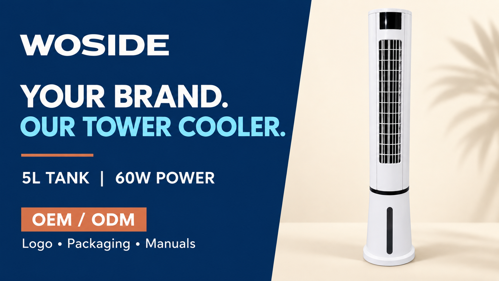 WOSIDE white tower air cooler with 5L tank, 60W power and OEM branding information
