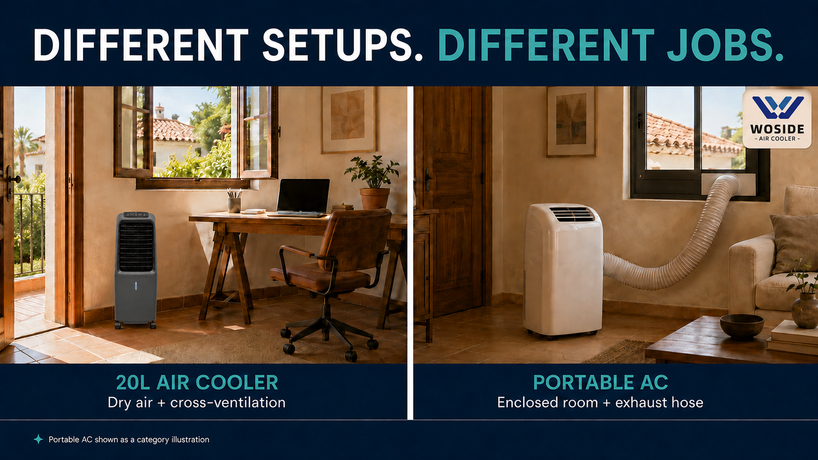 Ventilated home-office air cooler setup compared with a portable AC connected to a window exhaust