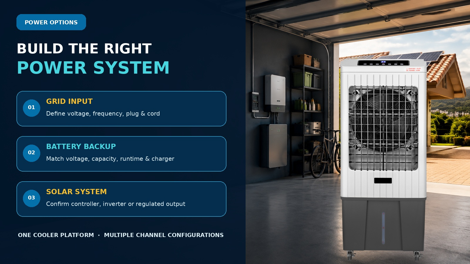 Colombia DC air cooler OEM checklist for voltage battery runtime charger and solar compatibility