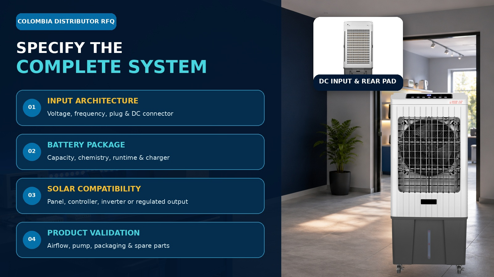 grid battery backup and solar power options for a DC air cooler in Colombia