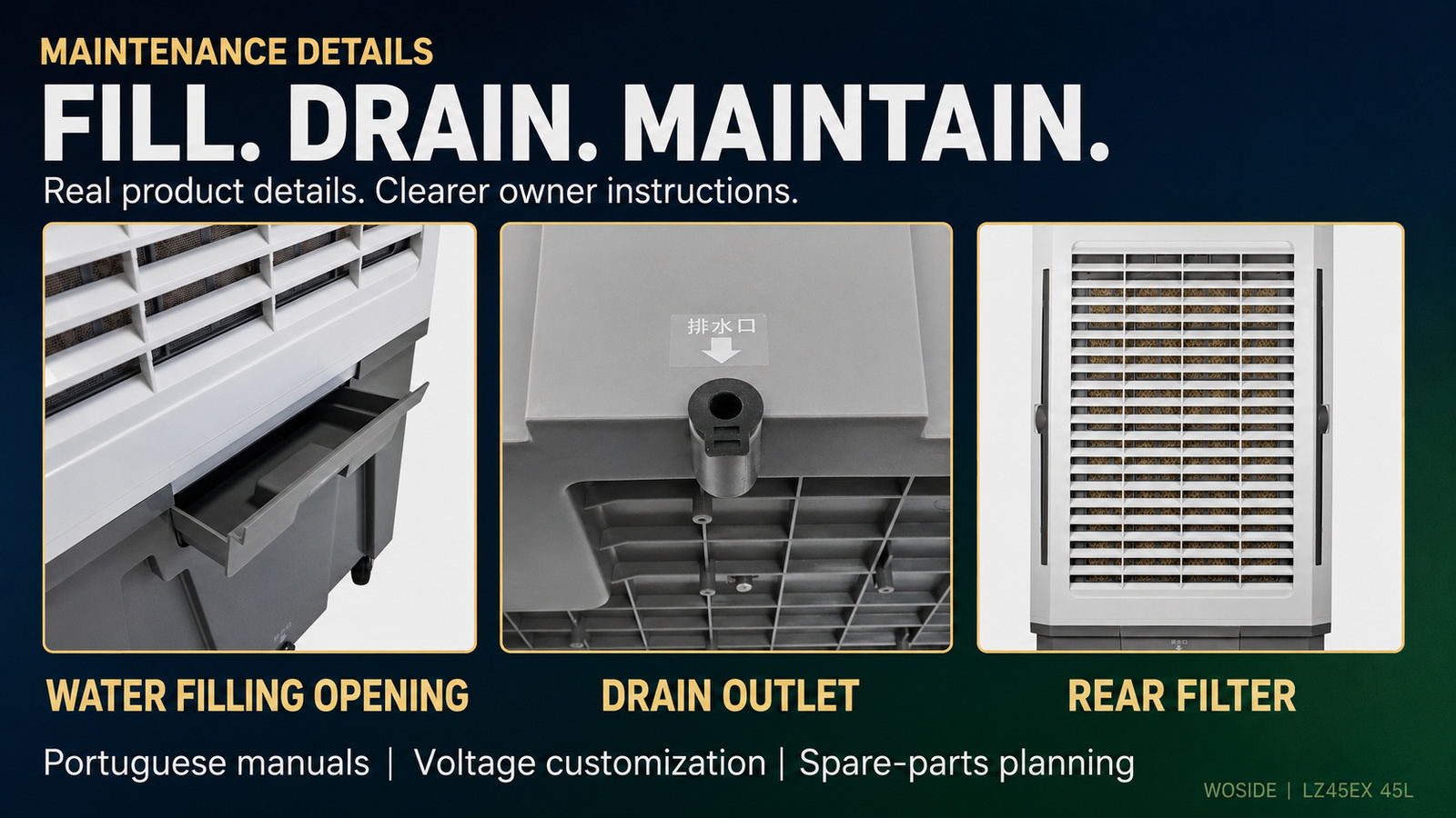LZ45EX rear water filling opening drain outlet and filter details for maintenance planning