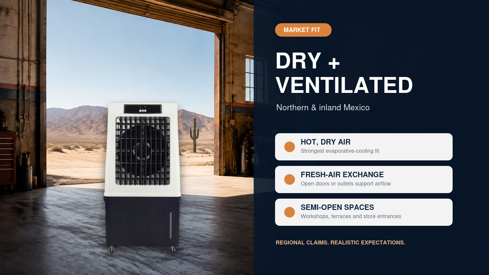 80L evaporative air cooler operating in a ventilated commercial space in dry northern Mexico