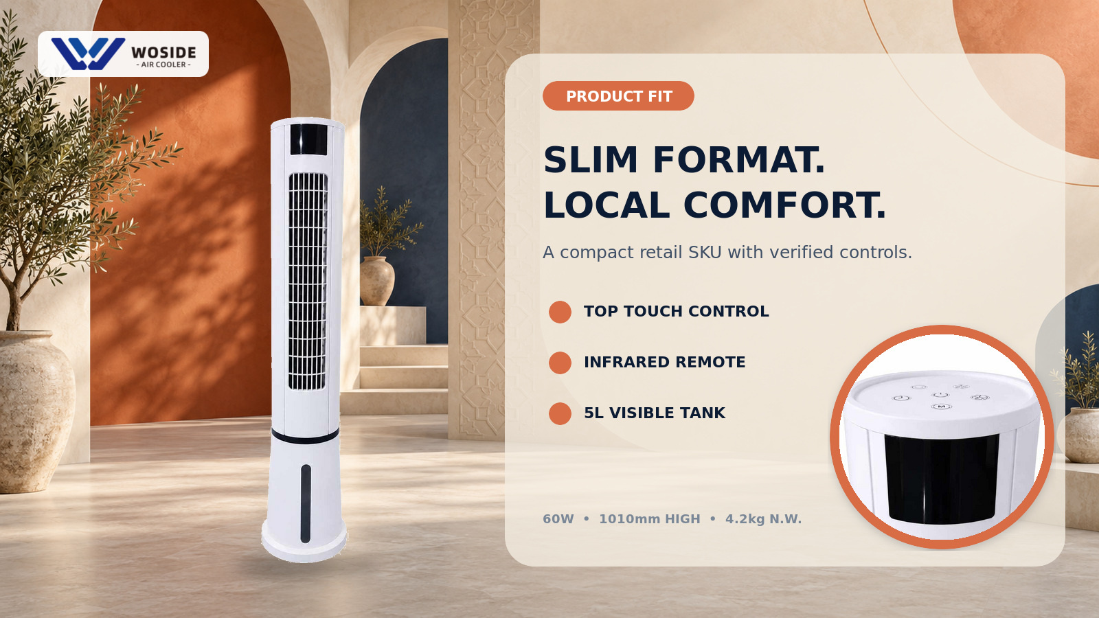 WSD-TAF25L slim tower air cooler with 5L tank touch panel and infrared remote control