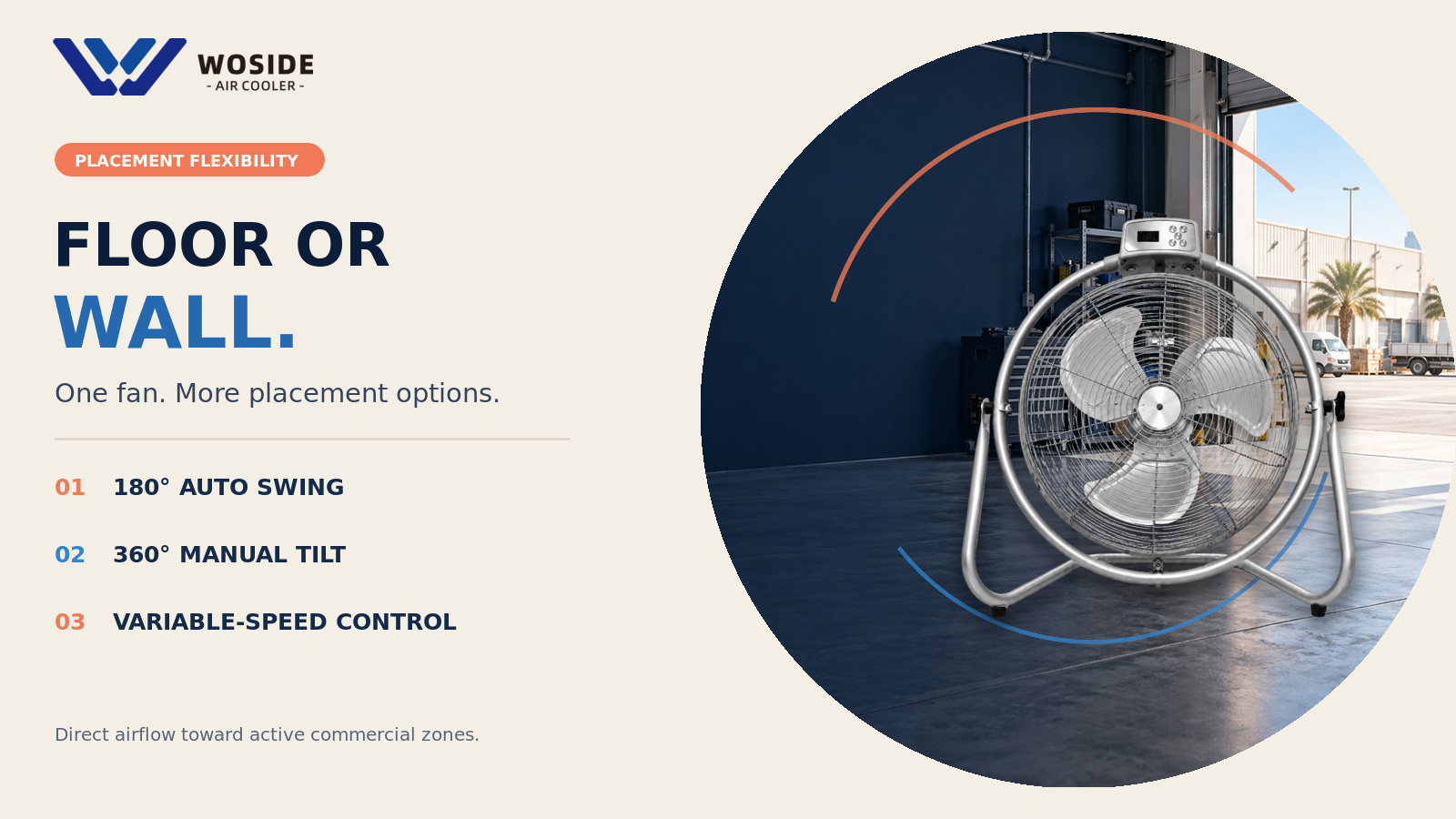 WSD-A301 industrial floor fan in a ventilated UAE workshop or covered commercial space
