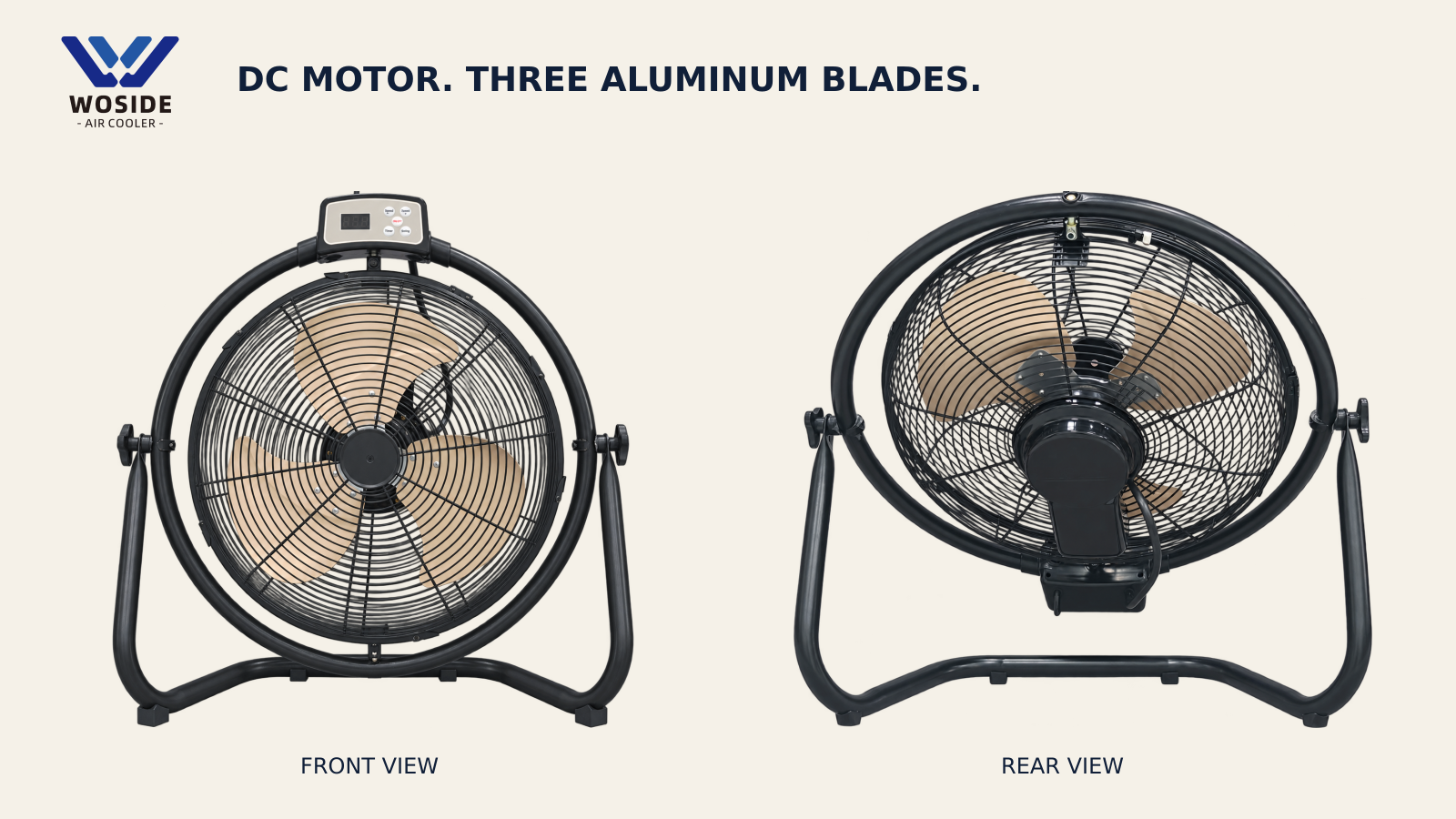 Front view of an 18 inch black floor fan with a circular grille and floor stand.” Image pending re-upload of source photos