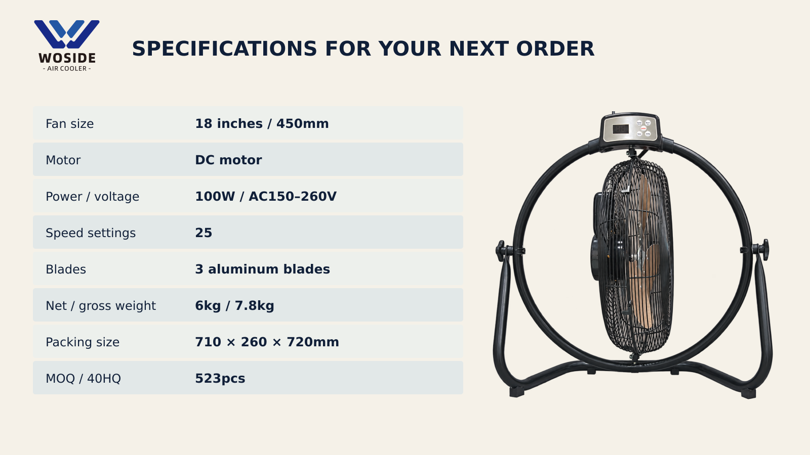 18 inch black floor fan beside specifications for power, voltage, weight and carton dimensions.” Image pending re-upload of source photos